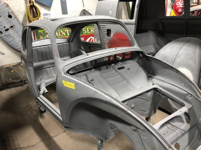 1965 vw ragtop beetle post media blast silver lining auto restoration oregon