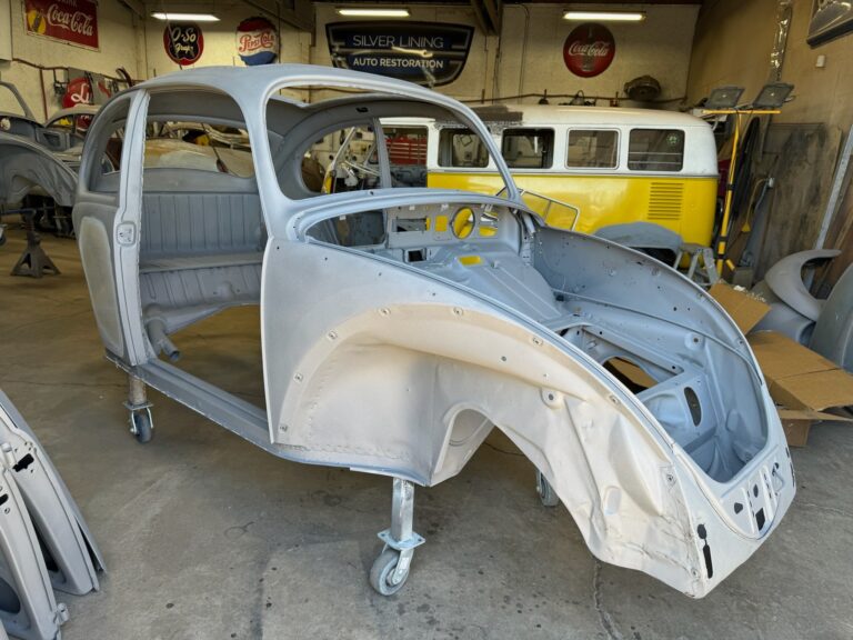 1965 vw ragtop beetle post media blast silver lining auto restoration oregon