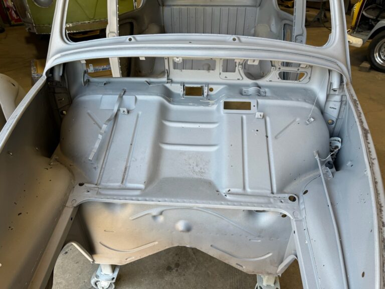 1965 vw ragtop beetle post media blast silver lining auto restoration oregon