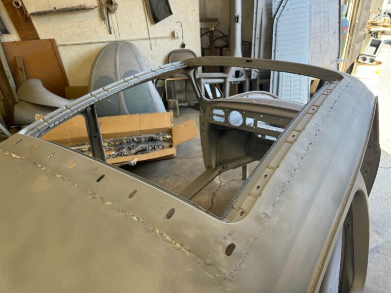 1965 vw ragtop beetle post media blast silver lining auto restoration oregon