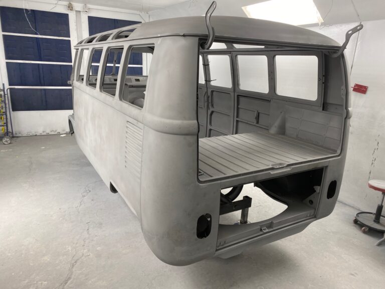 1965 21 window deluxe vw bus media blast into primer silver lining auto restoration