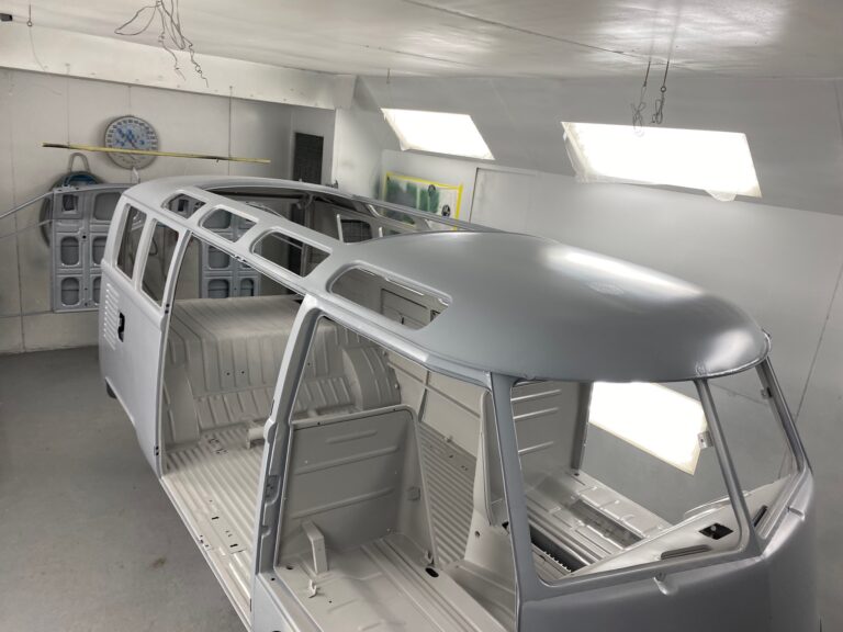 1965 21 window deluxe vw bus media blast into primer silver lining auto restoration