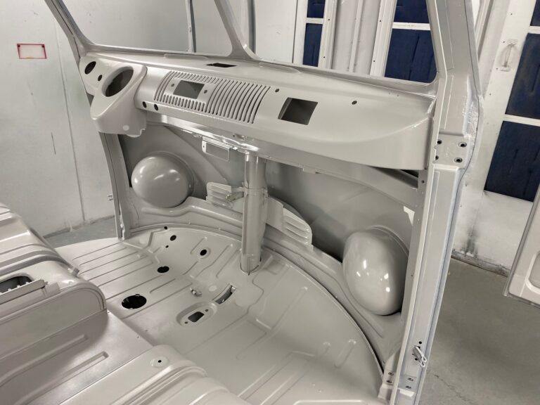 1965 21 window deluxe vw bus media blast into primer silver lining auto restoration