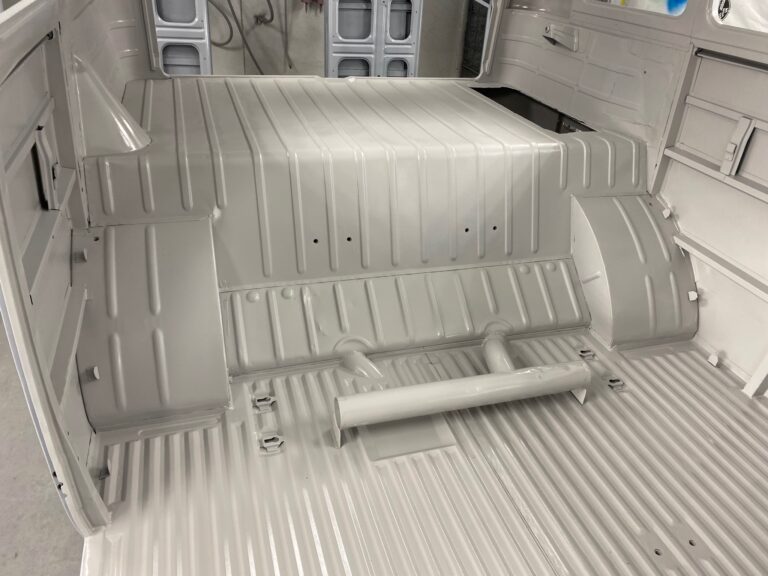 1965 21 window deluxe vw bus media blast into primer silver lining auto restoration