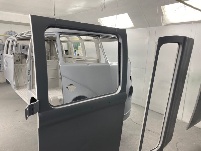 1965 21 window deluxe vw bus media blast into primer silver lining auto restoration