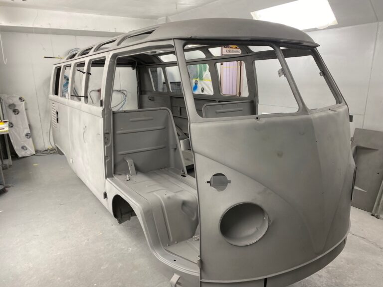 1965 21 window deluxe vw bus media blast into primer silver lining auto restoration