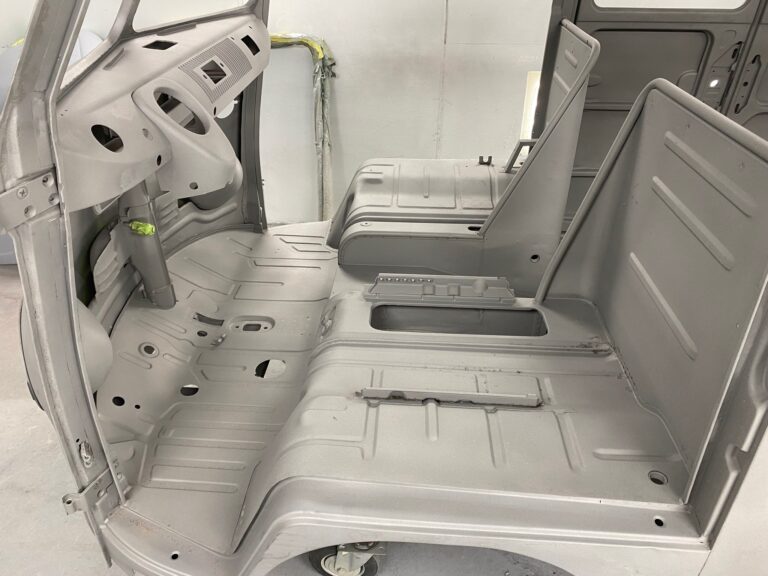 1965 21 window deluxe vw bus media blast into primer silver lining auto restoration