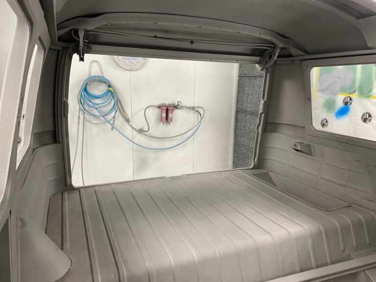 1965 21 window deluxe vw bus media blast into primer silver lining auto restoration