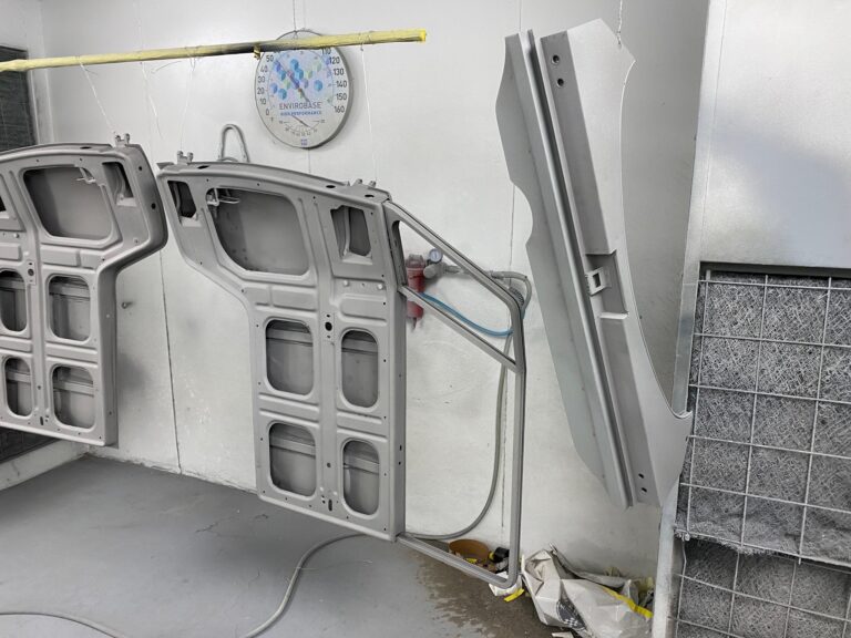 1965 21 window deluxe vw bus media blast into primer silver lining auto restoration