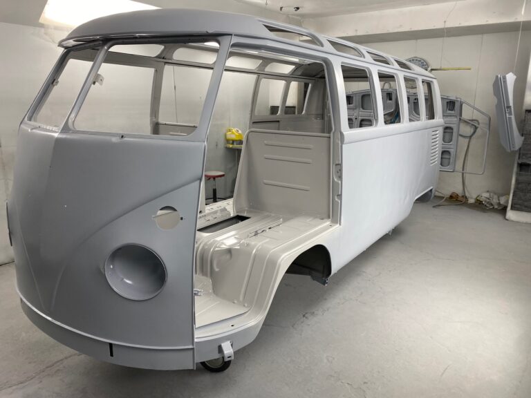 1965 21 window deluxe vw bus media blast into primer silver lining auto restoration