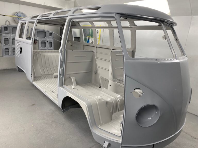 1965 21 window deluxe vw bus media blast into primer silver lining auto restoration