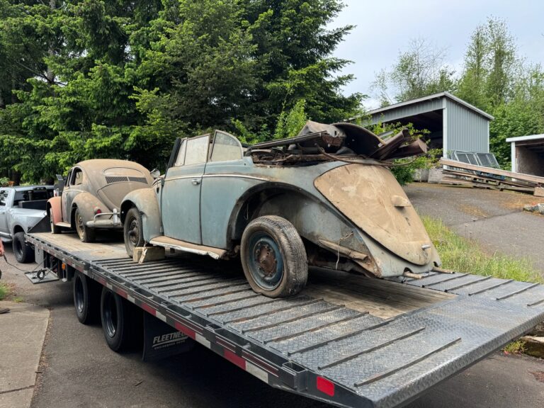 1956 vw beetle convertible restoration arrival at shop silver lining auto restoration oregon