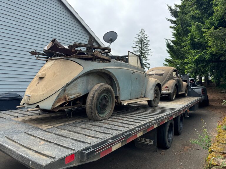 1956 vw beetle convertible restoration arrival at shop silver lining auto restoration oregon