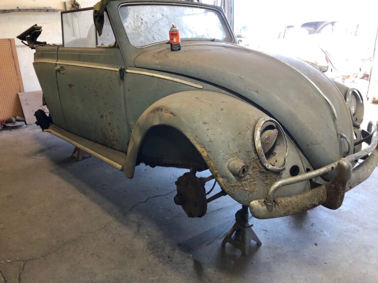 1956 vw beetle convertible restoration arrival at shop silver lining auto restoration oregon