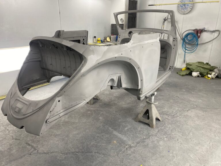 1956 vw beetle convertible restoration body and components in epoxy paint silver lining auto restoration