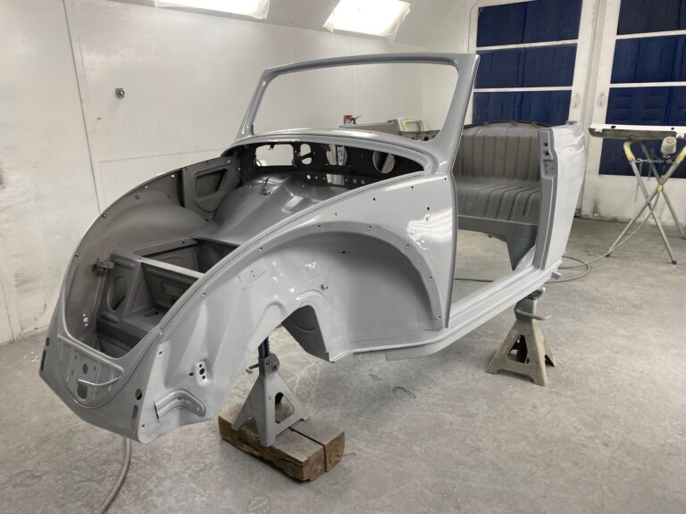 1956 vw beetle convertible restoration body and components in epoxy paint silver lining auto restoration