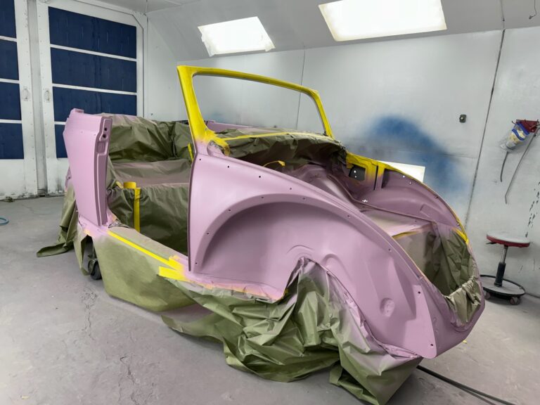 1956 vw beetle convertible restoration body and components in primer silver lining auto restoration