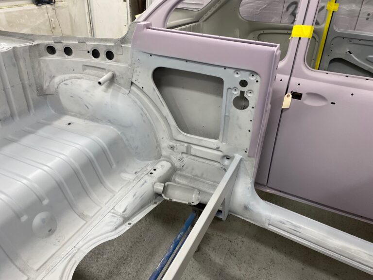 1956 vw beetle convertible restoration body and components in primer silver lining auto restoration