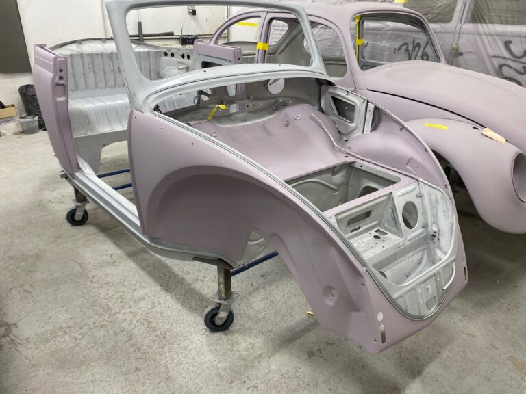 1956 vw beetle convertible restoration body and components in primer silver lining auto restoration