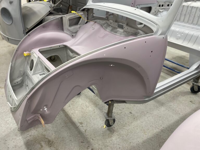 1956 vw beetle convertible restoration body and components in primer silver lining auto restoration