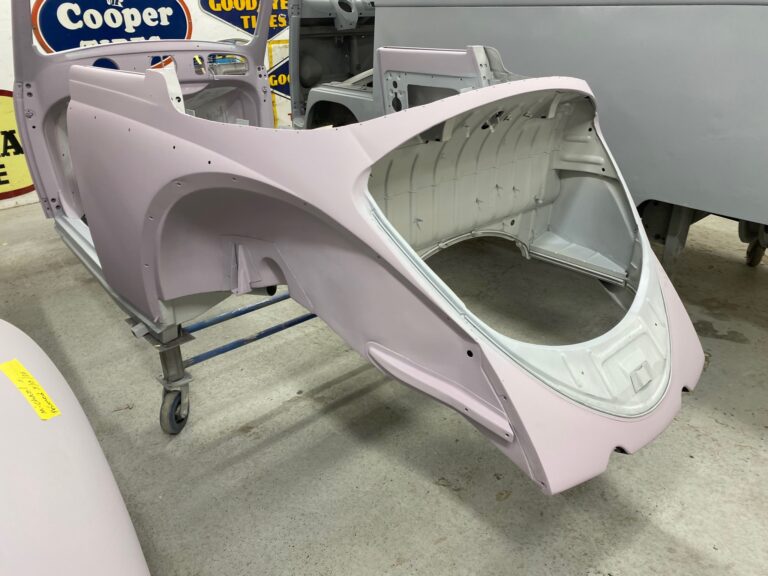 1956 vw beetle convertible restoration body and components in primer silver lining auto restoration