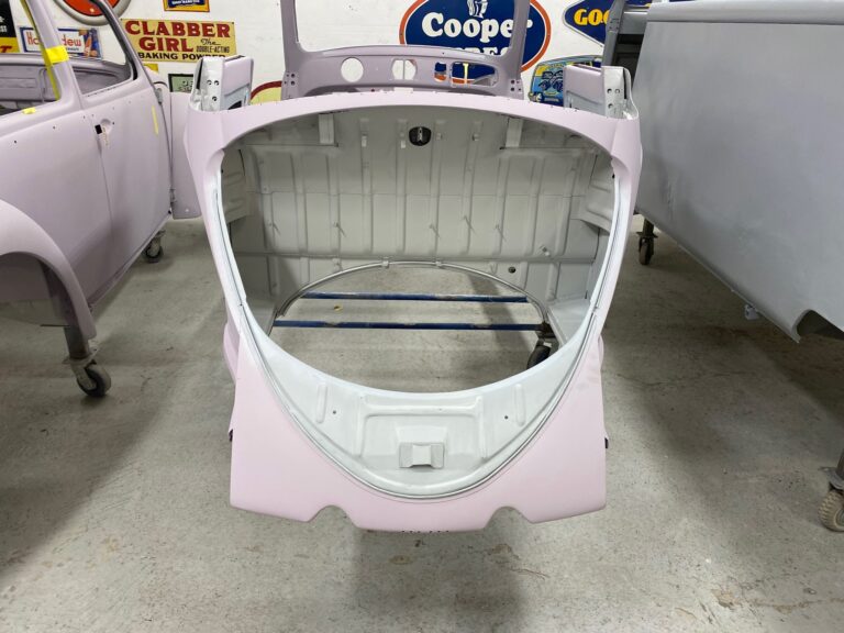 1956 vw beetle convertible restoration body and components in primer silver lining auto restoration