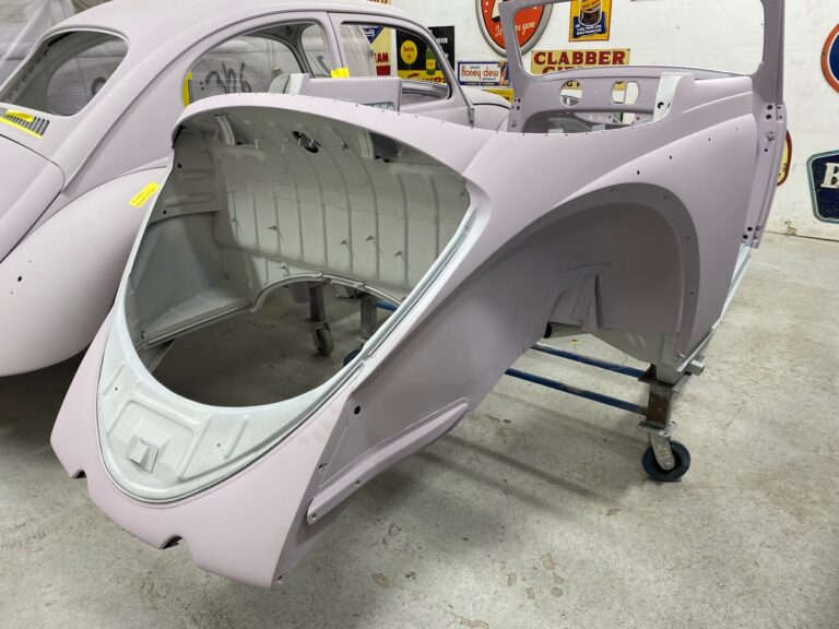 1956 vw beetle convertible restoration body and components in primer silver lining auto restoration
