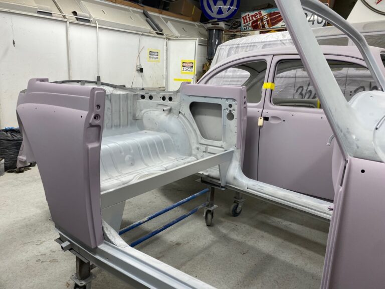 1956 vw beetle convertible restoration body and components in primer silver lining auto restoration