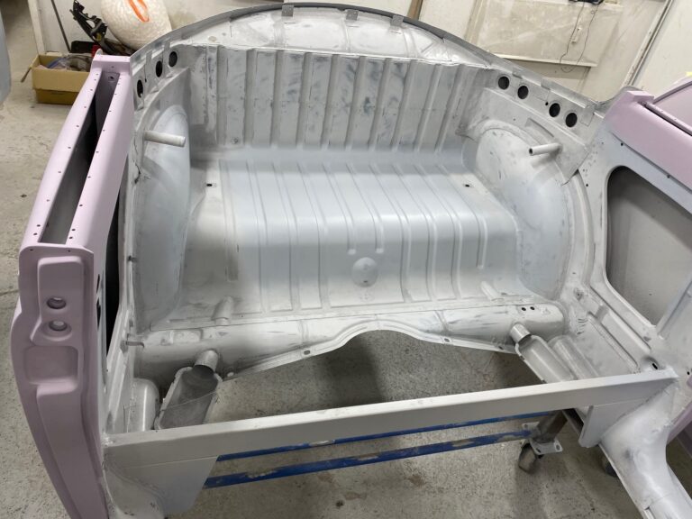 1956 vw beetle convertible restoration body and components in primer silver lining auto restoration