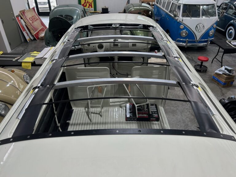 1963 23 window deluxe vw bus ragtop mechanism assembly install silver lining auto restoration