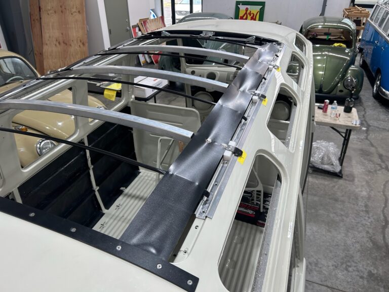 1963 23 window deluxe vw bus ragtop mechanism assembly install silver lining auto restoration