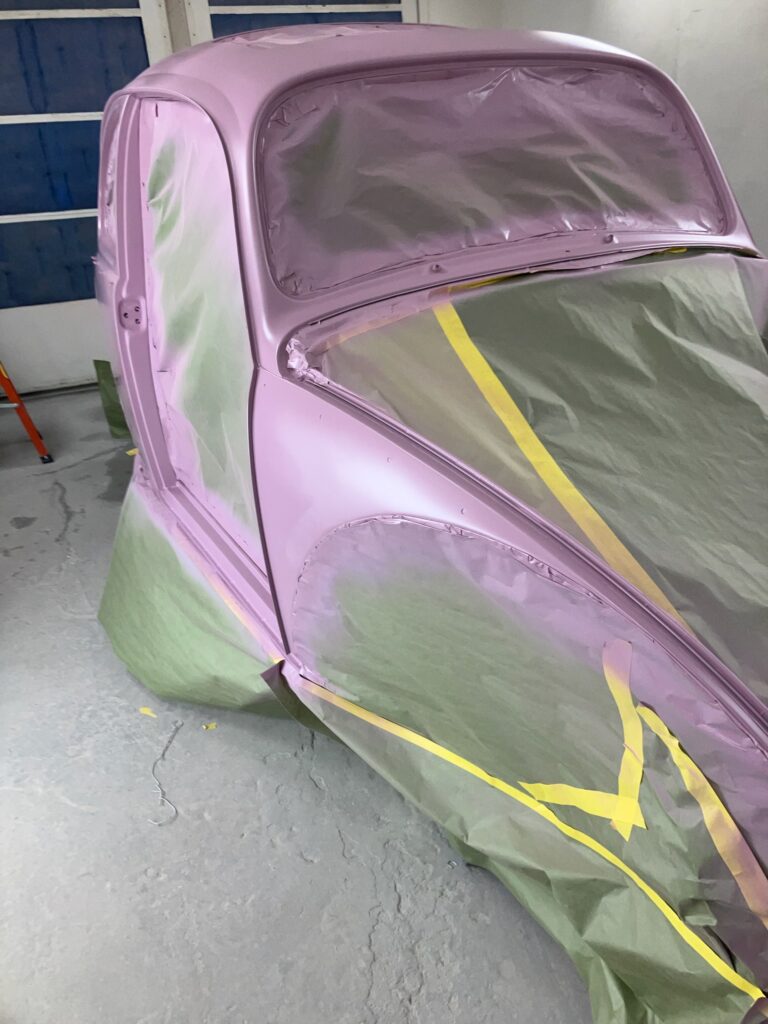 1965 steel sunroof vw beetle body into primer silver lining auto restoration oregon