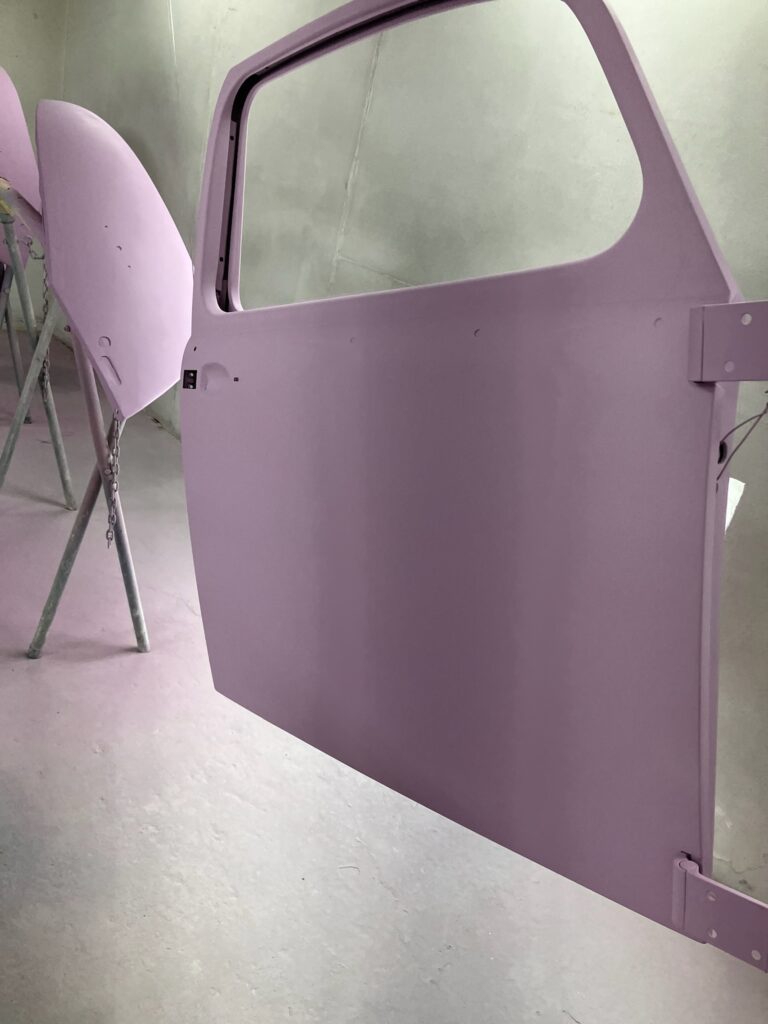 1965 steel sunroof vw beetle body into primer silver lining auto restoration oregon