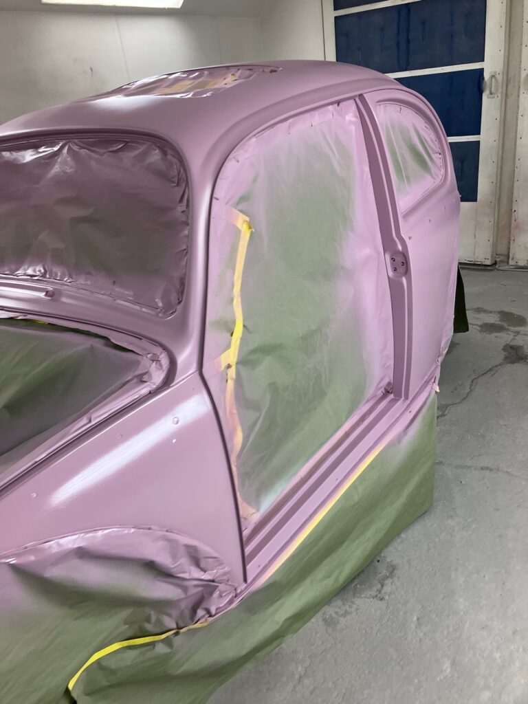 1965 steel sunroof vw beetle body into primer silver lining auto restoration oregon