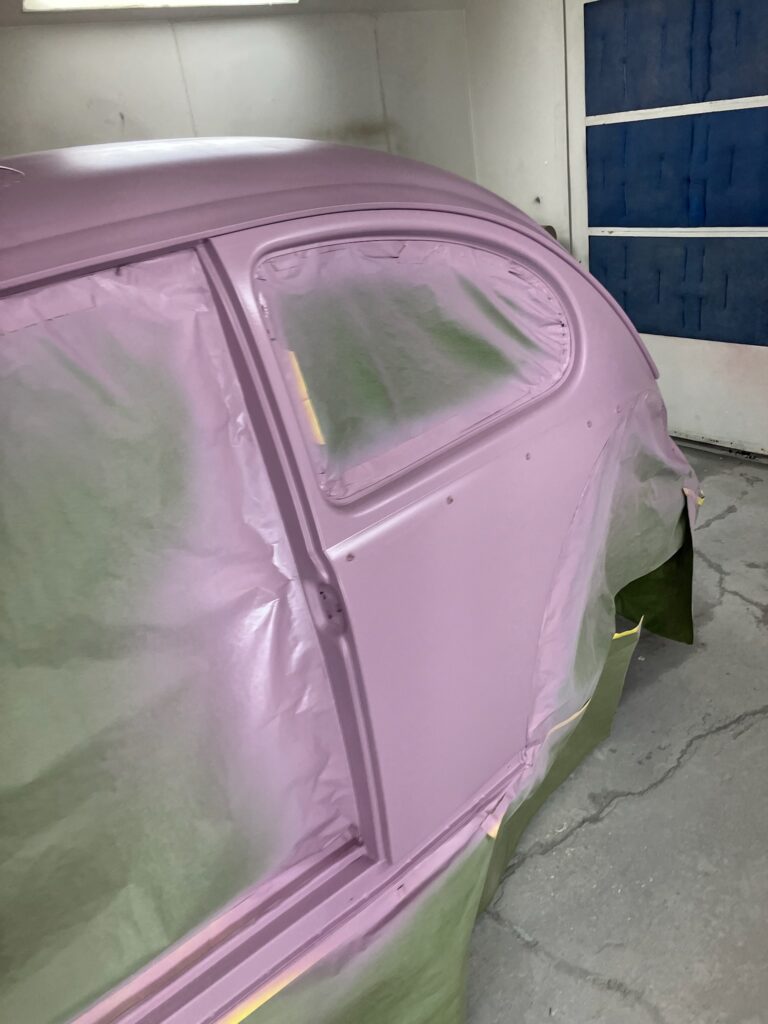 1965 steel sunroof vw beetle body into primer silver lining auto restoration oregon