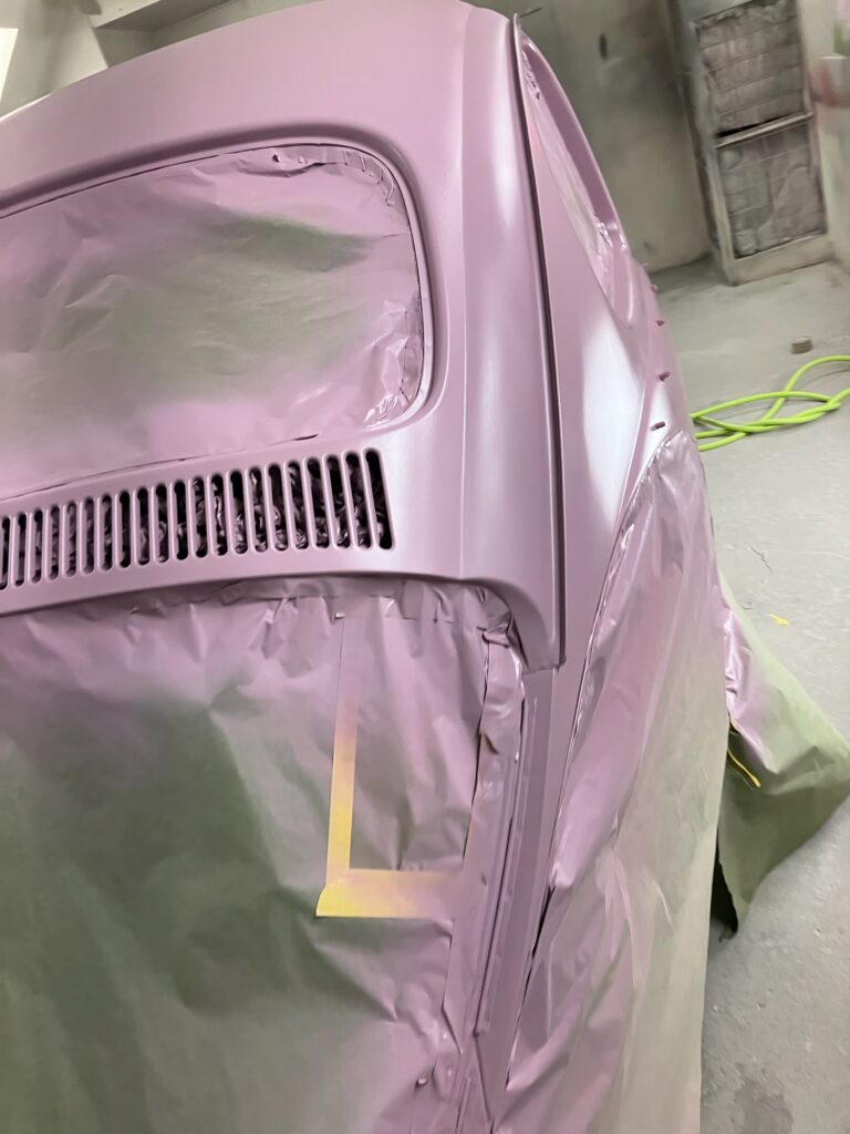 1965 steel sunroof vw beetle body into primer silver lining auto restoration oregon