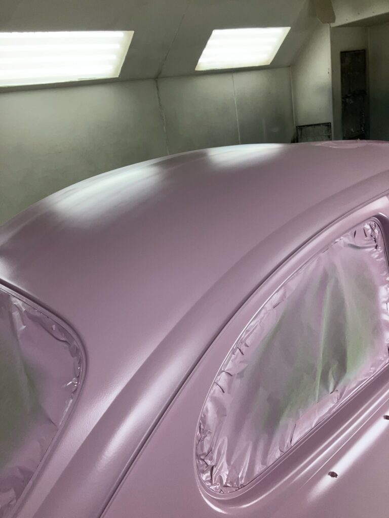 1965 steel sunroof vw beetle body into primer silver lining auto restoration oregon