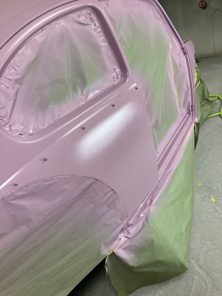 1965 steel sunroof vw beetle body into primer silver lining auto restoration oregon
