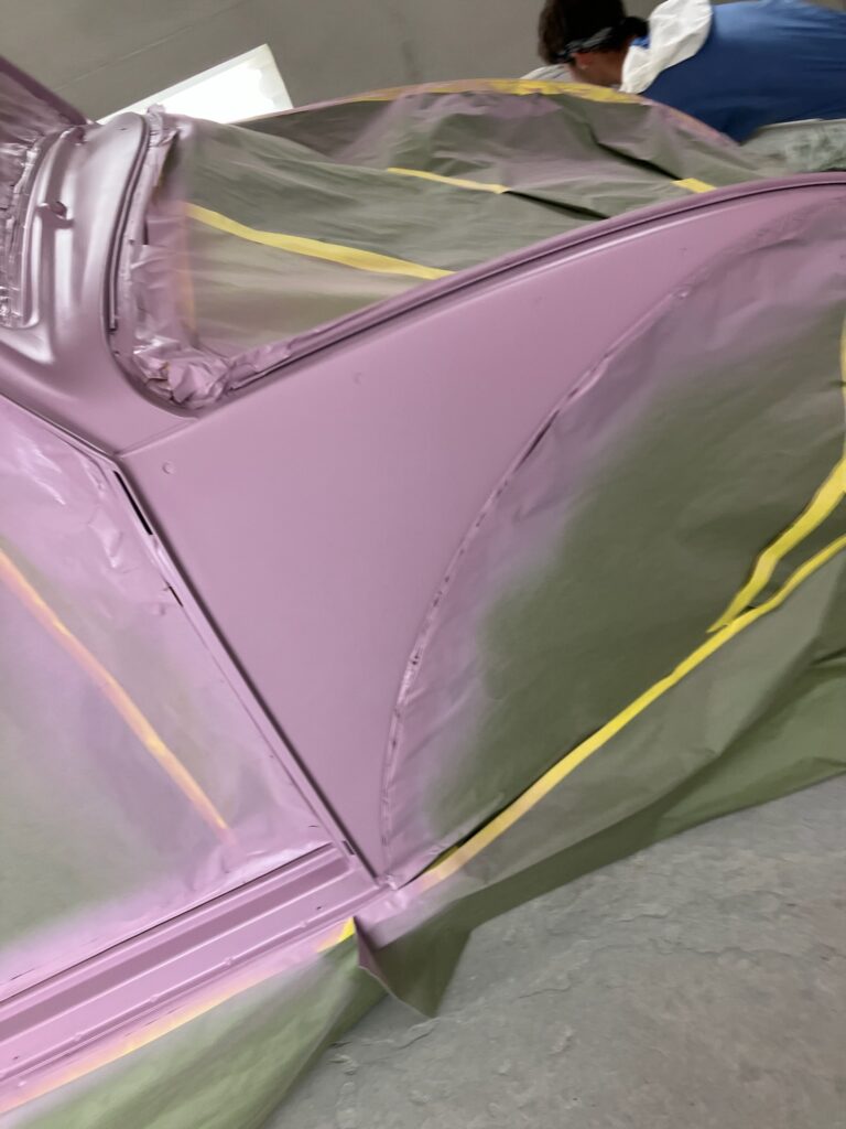 1965 steel sunroof vw beetle body into primer silver lining auto restoration oregon