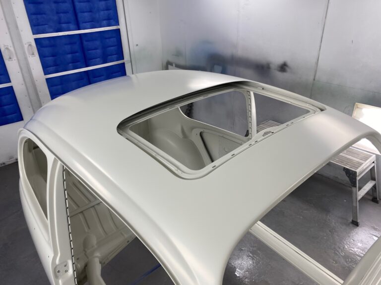 1965 sunroof vw beetle body into base and clear coats of paint silver lining auto restoration oregon