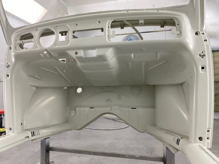 1965 sunroof vw beetle body into base and clear coats of paint silver lining auto restoration oregon