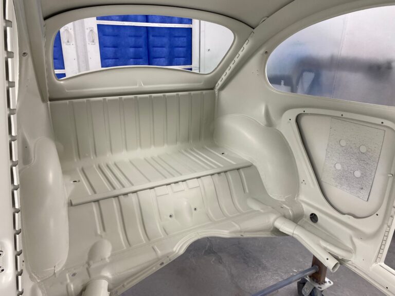 1965 sunroof vw beetle body into base and clear coats of paint silver lining auto restoration oregon