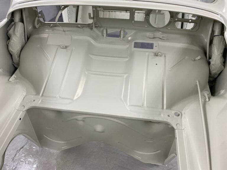 1965 sunroof vw beetle body into base and clear coats of paint silver lining auto restoration oregon