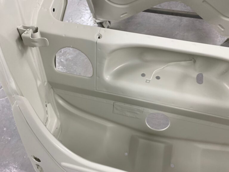 1965 sunroof vw beetle body into base and clear coats of paint silver lining auto restoration oregon