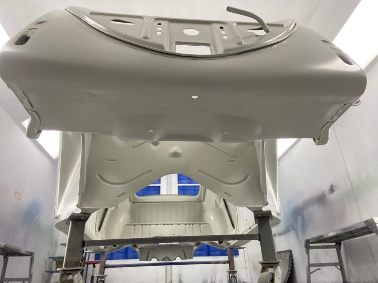 1965 sunroof vw beetle body into base and clear coats of paint silver lining auto restoration oregon