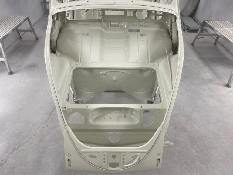 1965 sunroof vw beetle body into base and clear coats of paint silver lining auto restoration oregon