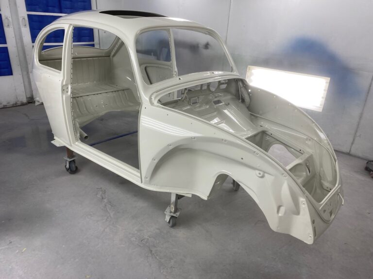 1965 sunroof vw beetle body into base and clear coats of paint silver lining auto restoration oregon