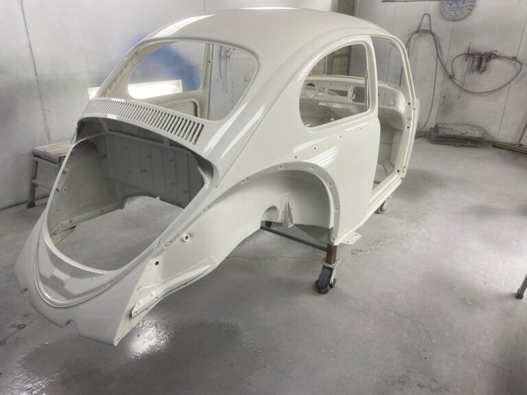 1965 sunroof vw beetle body into base and clear coats of paint silver lining auto restoration oregon