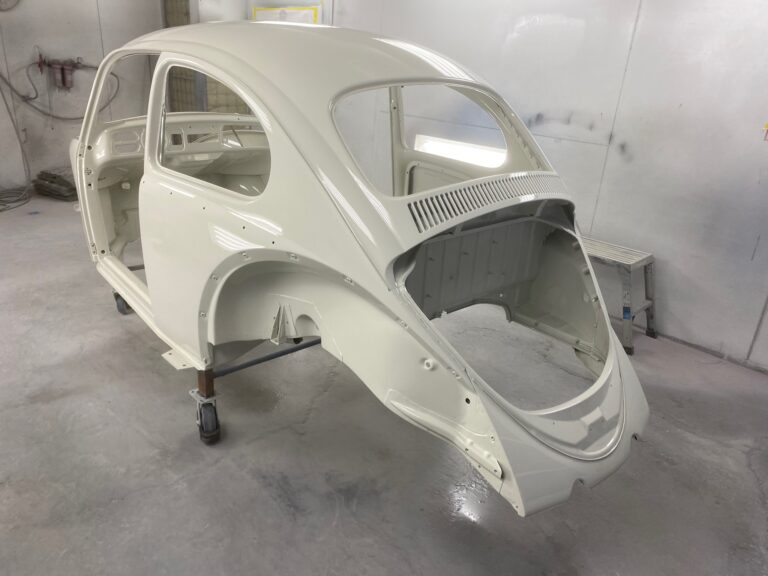 1965 sunroof vw beetle body into base and clear coats of paint silver lining auto restoration oregon