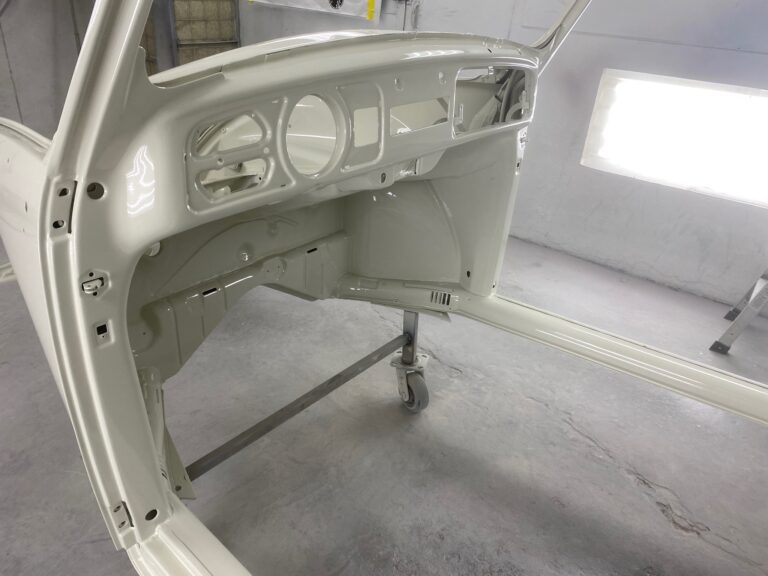 1965 sunroof vw beetle body into base and clear coats of paint silver lining auto restoration oregon